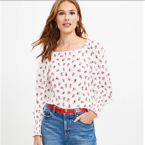LOFT Floral Puff Sleeve Square Neck Top - Picture 1 of 3